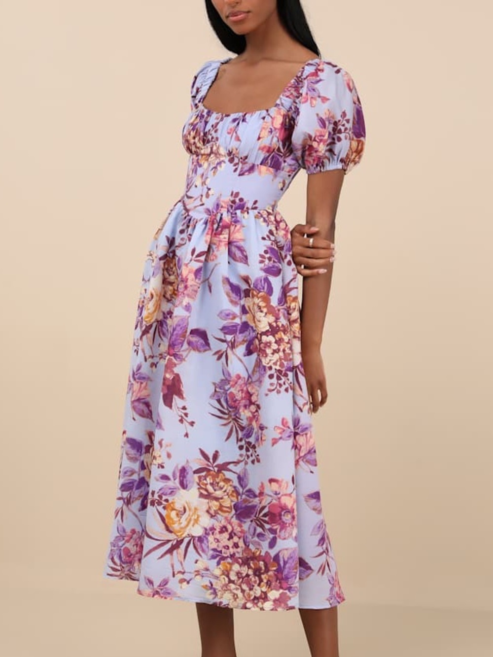Lulus Adorable Tendencies Periwinkle Floral Puff Sleeve Midi Dress